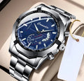 Men's automatic movement watch with calendar and luminous display, steel belt, large dial, available in multiple colours