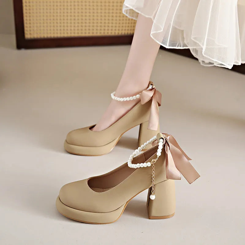 Women's beige preppy style Mary Jane shoes with chunky heel and ankle strap buckle