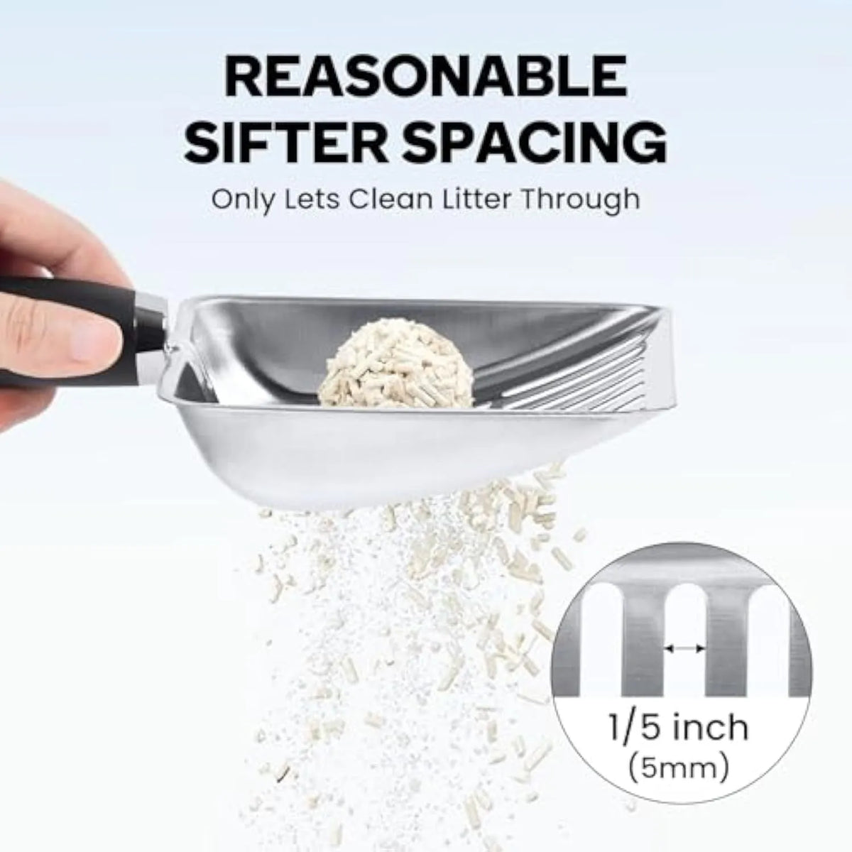 Stainless steel cat litter scoop with black comfort grip handle and 6mm sifter spacing, 26cm x 10.7cm