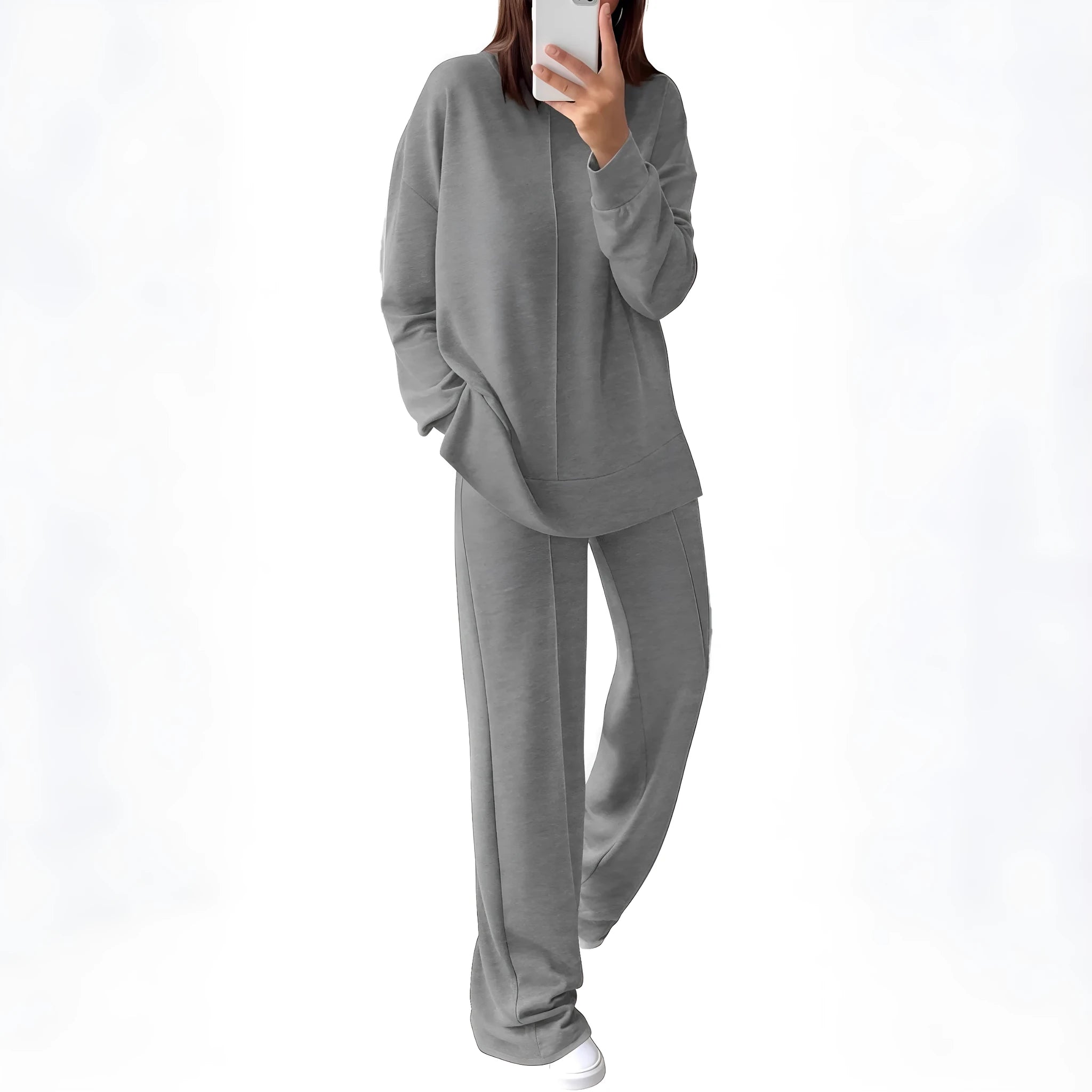 Women's long sleeve polyester jogging suit two-piece set in army green, shown in Asian size medium.