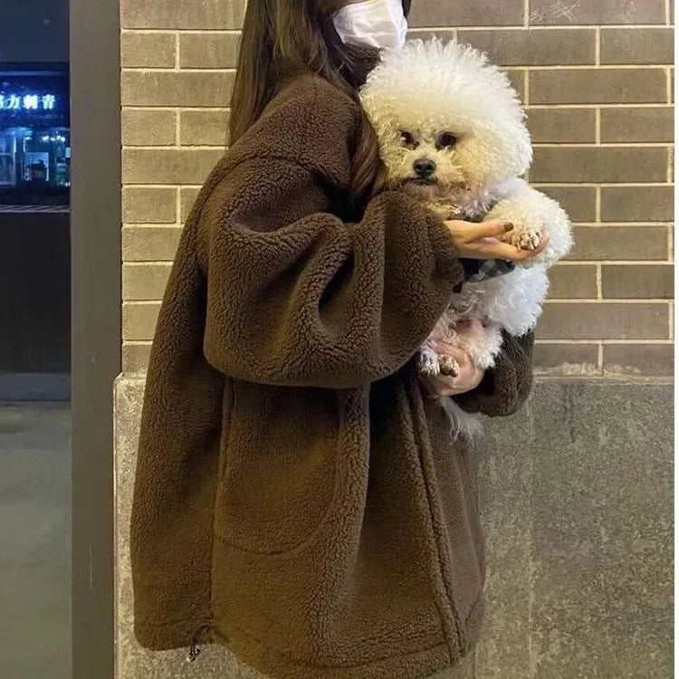 Thickened particle lamb fleece coat for women in beige, regular fit, polyester fabric