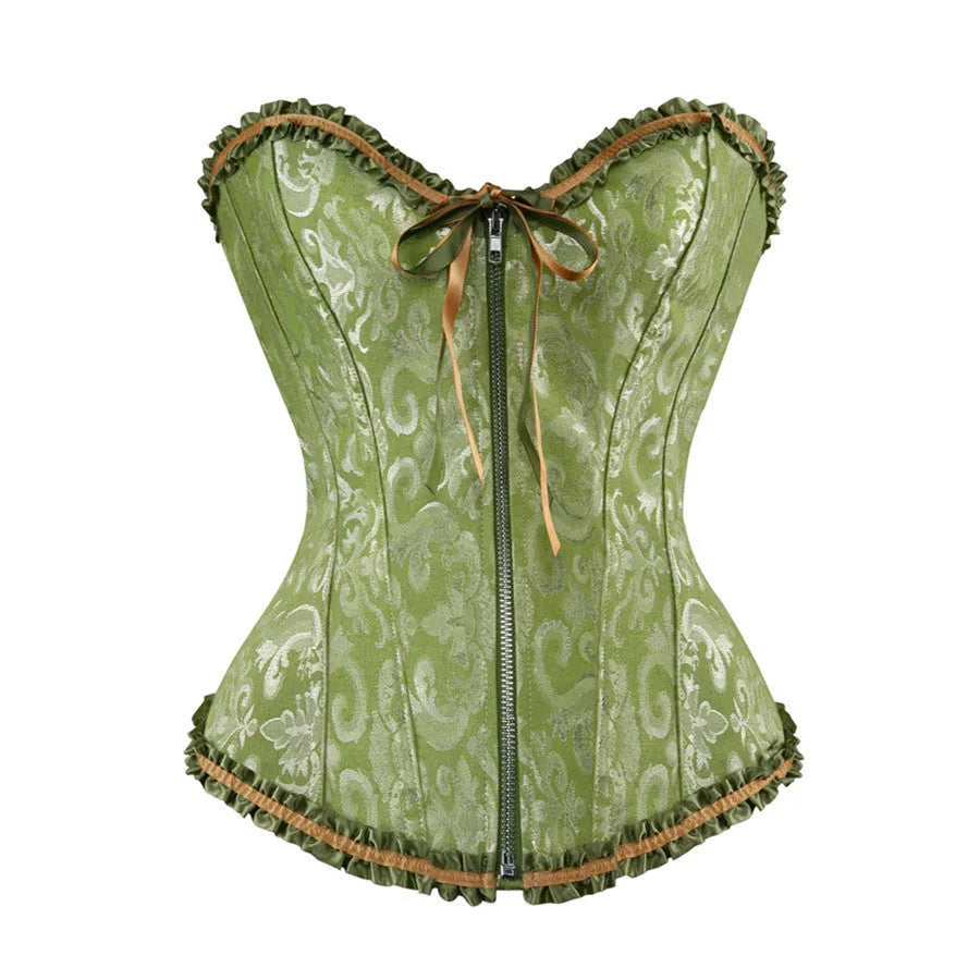 Women's black and red jacquard pattern corset with a front zipper fastening.