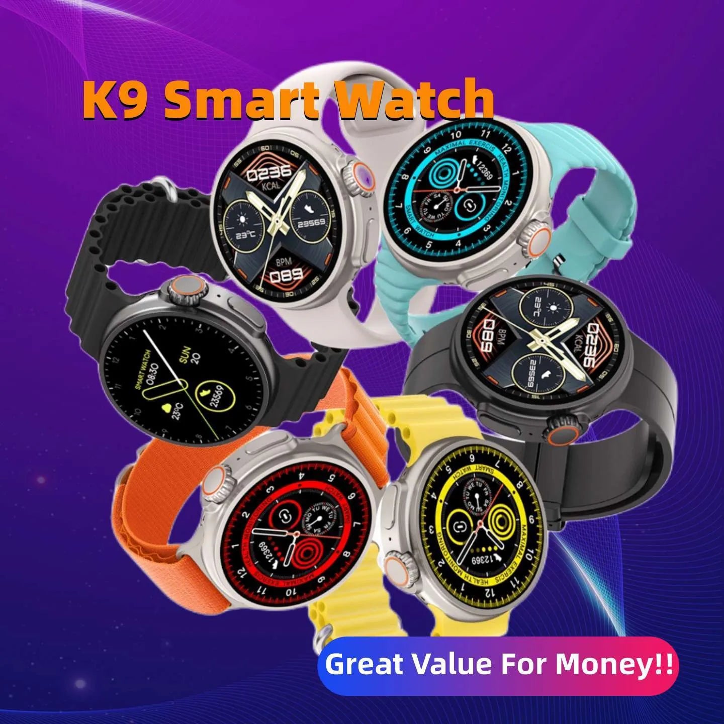 K9 smart watch in black with 1.39 inch round screen on silicone strap, showing fitness data interface.