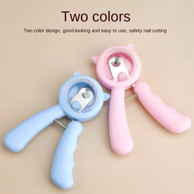 Blue and pink professional stainless steel nail clippers for pet dog and cat claw grooming.