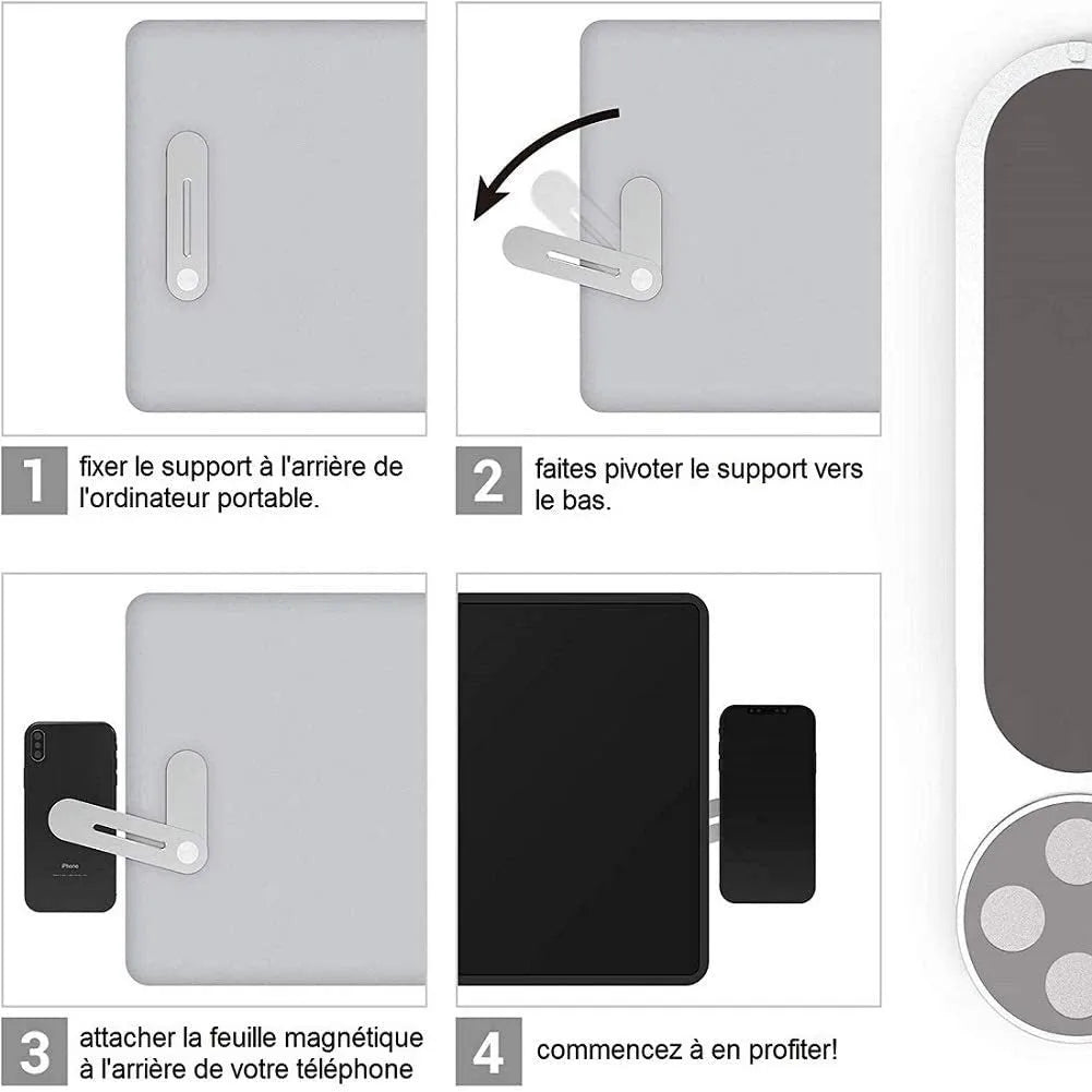 Silver aluminium alloy laptop side mount bracket holding a smartphone next to a laptop.