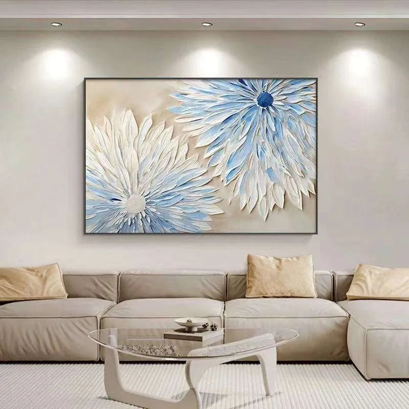 Hand painted abstract blue white flower oil painting on canvas vertical modern wall art for bedroom