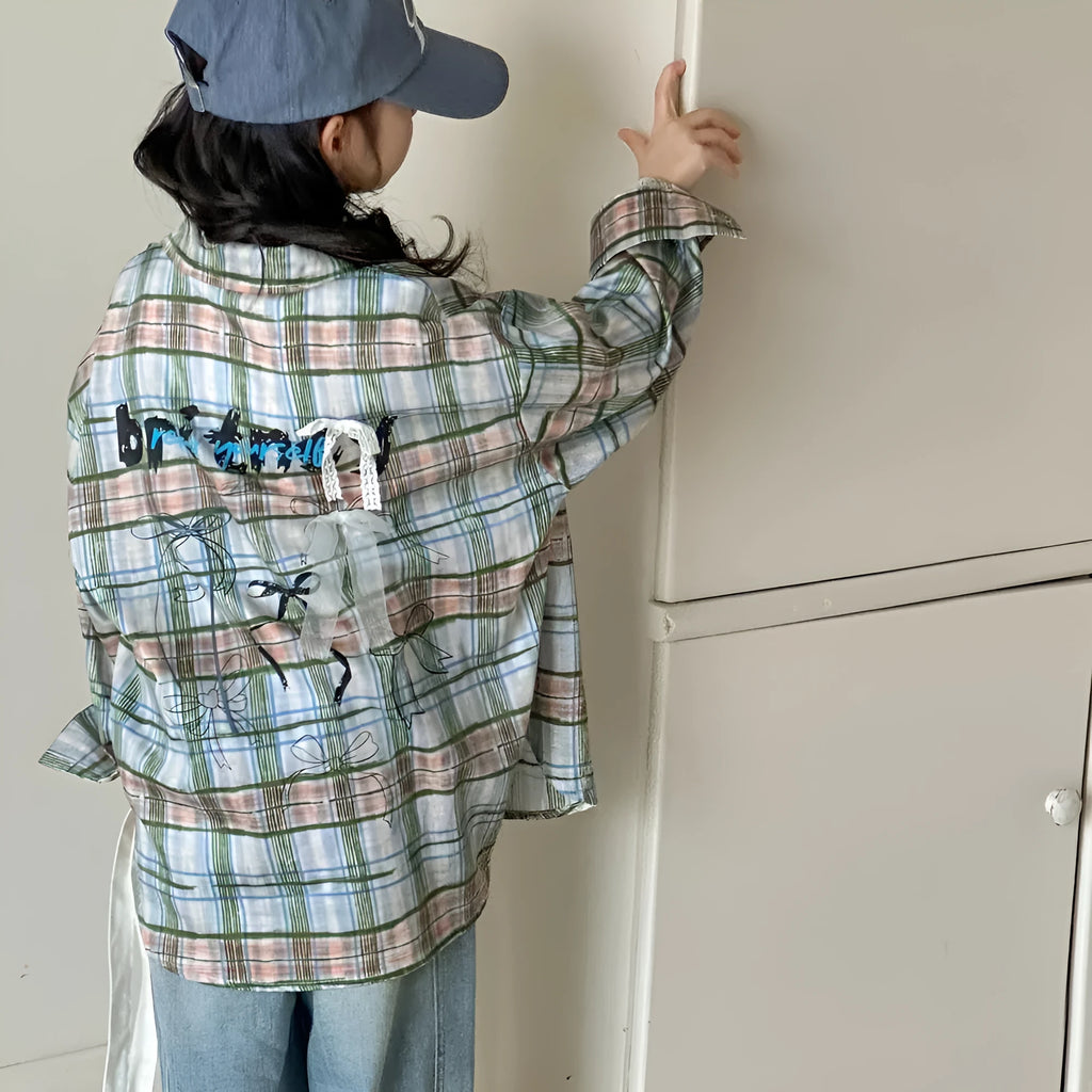 Girls' blue plaid cotton long sleeve shirt for spring and autumn, available in 110cm to 160cm heights