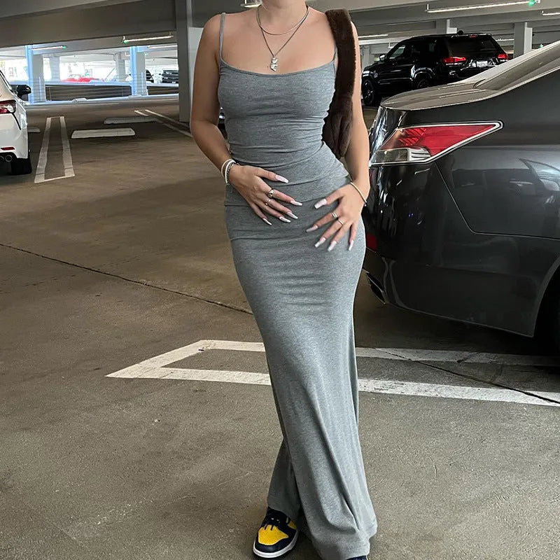 Spaghetti strap long bodycon dress women solid colour high waist A-line skirt party club street wear black