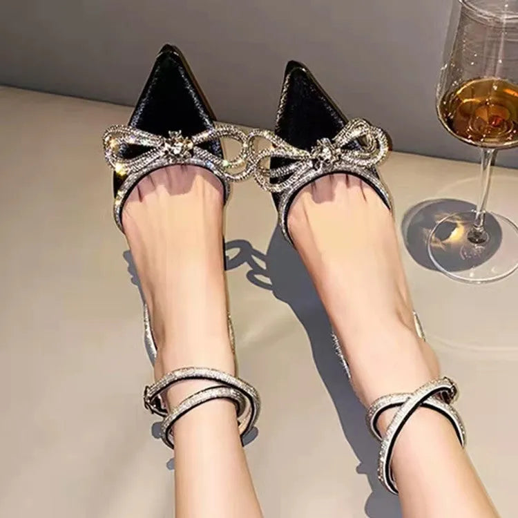 Women's black French-style stiletto heel sandals with silk bandage back strap and buckle fastening
