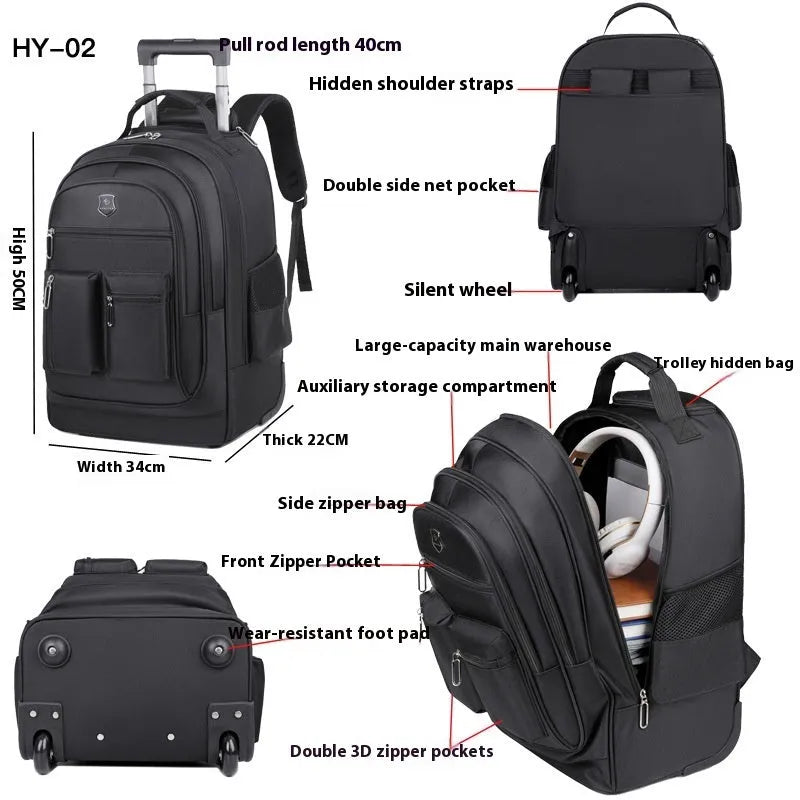 Ultra-light 16-inch Oxford cloth trolley backpack with single-directional wheels in black