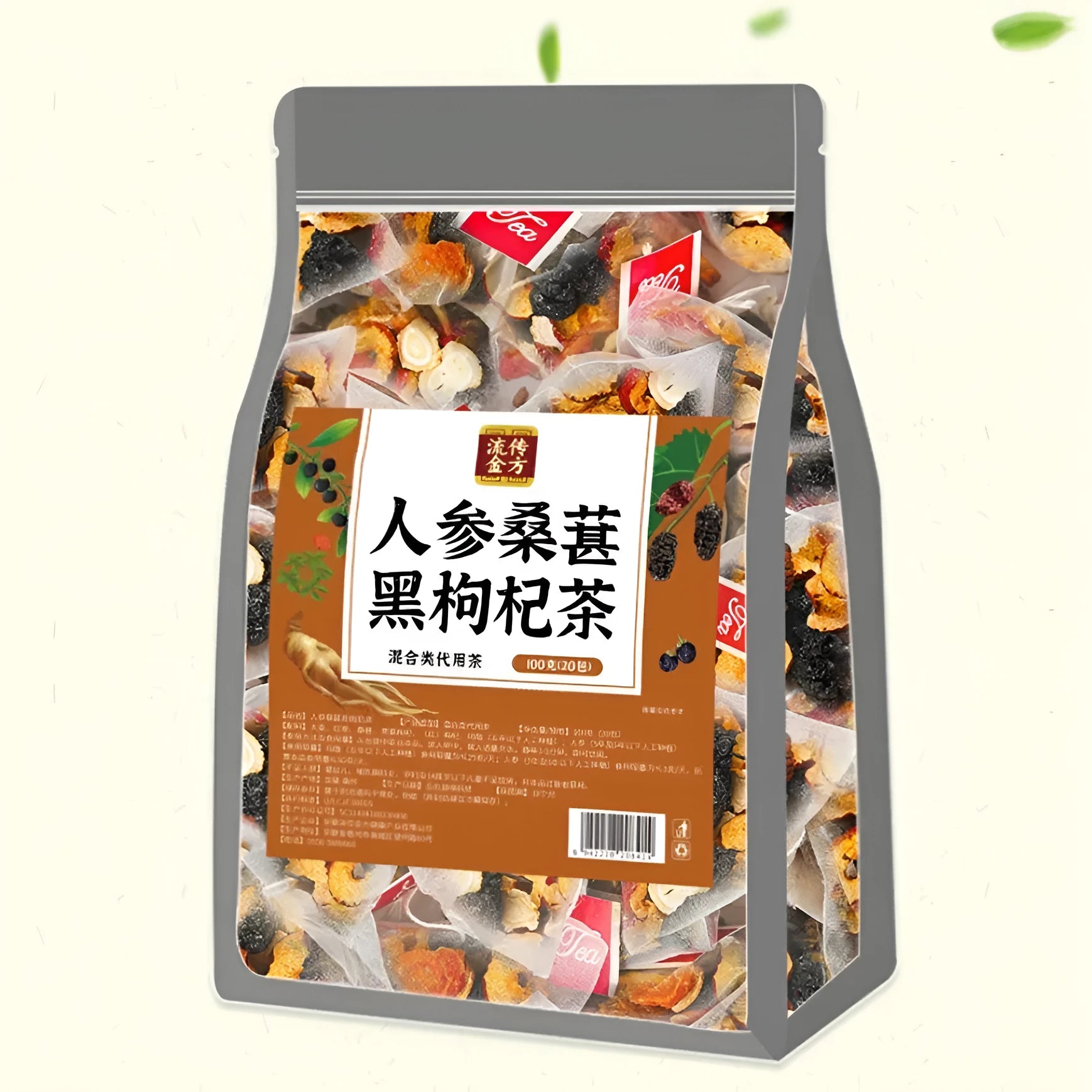 Bag of Ginseng Black Wolfberry Tea containing 40 individual 5g single-serve sachets.