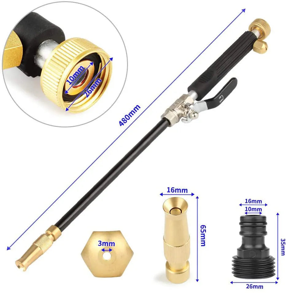 Black high pressure adjustable water gun with alloy body, brass tip, and TPR handle for car wash and garden use