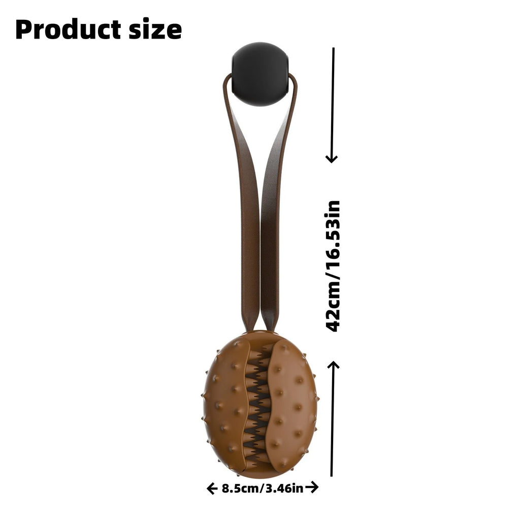 Coffee bean TPR dog toy with attached rope knot on light background