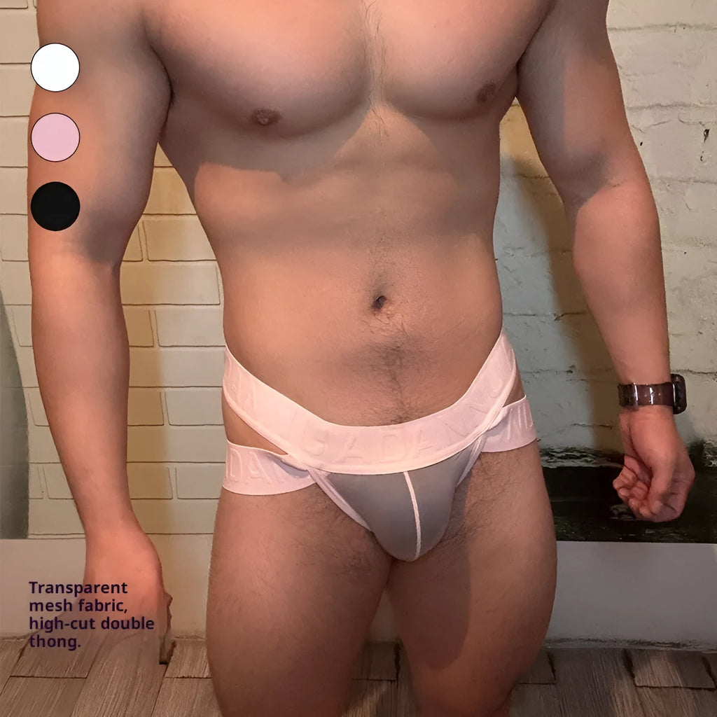 Men's single-layer see-through nylon mesh strap briefs in solid colour, low waist, knitted quick-drying underwear