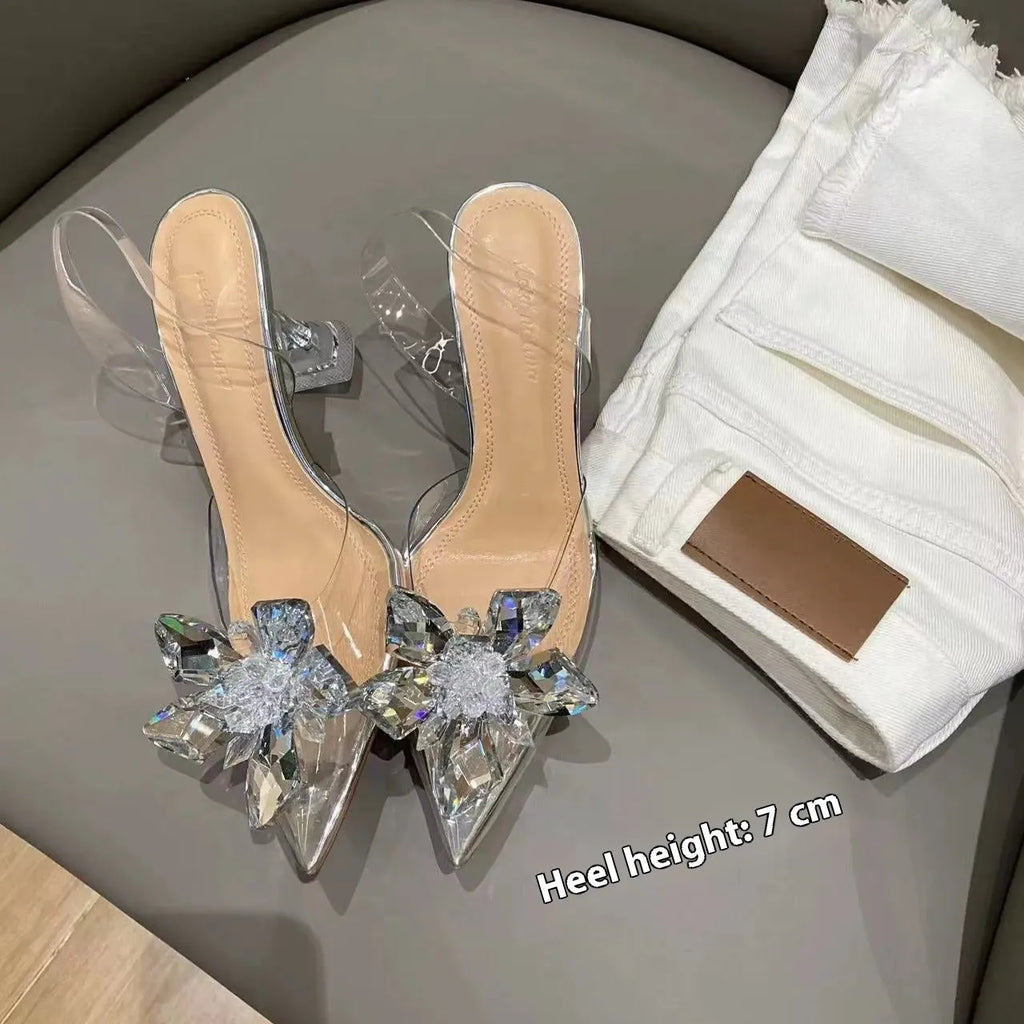 Women's transparent crystal flower high heels with pointed toe and microfiber construction