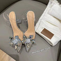 Women's transparent crystal flower high heels with pointed toe and microfiber construction