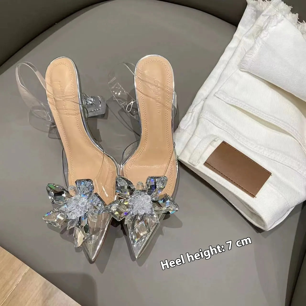 Women's transparent crystal flower high heels with pointed toe and microfiber construction
