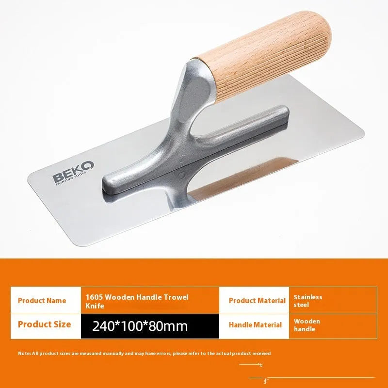 Stainless steel putty scraper with wooden handle shown in three different blade sizes for cement and tile work.