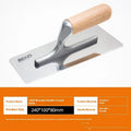 Stainless steel putty scraper with wooden handle shown in three different blade sizes for cement and tile work.