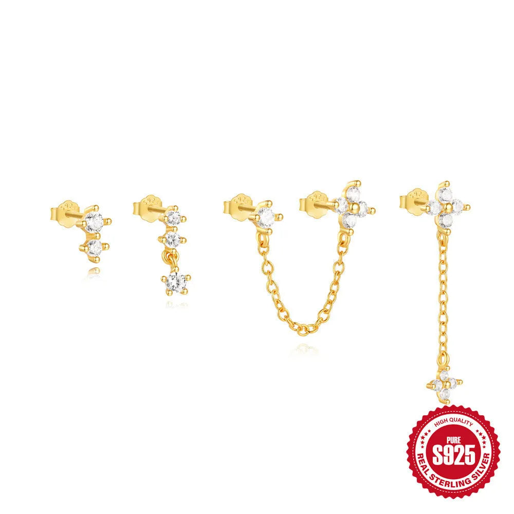 Geometric clover petal women's earrings in gold-tone electroplated S925 sterling silver on a white background.
