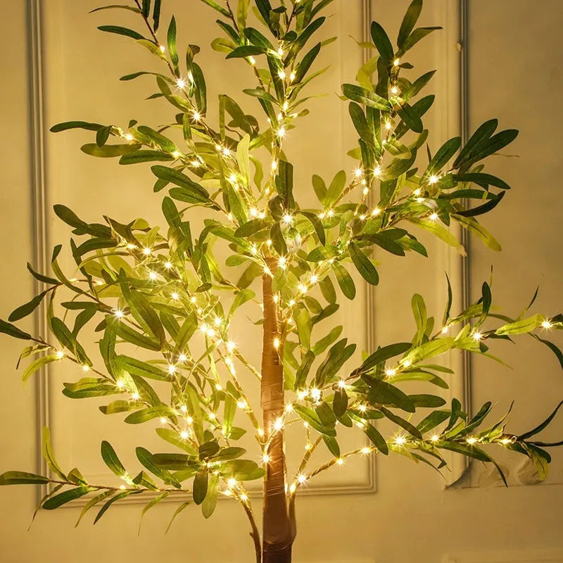1.8 metre tall artificial olive tree lamp with warm white LEDs lit up, suitable for courtyard or garden decoration.