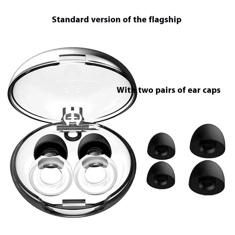 Set of silicone noise reduction earplugs in multiple colours with a storage box and spare ear caps.
