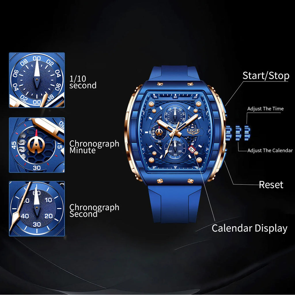 Men's sports quartz watch with 50mm luminous dial, mineral glass mirror, and stainless steel case in black finish