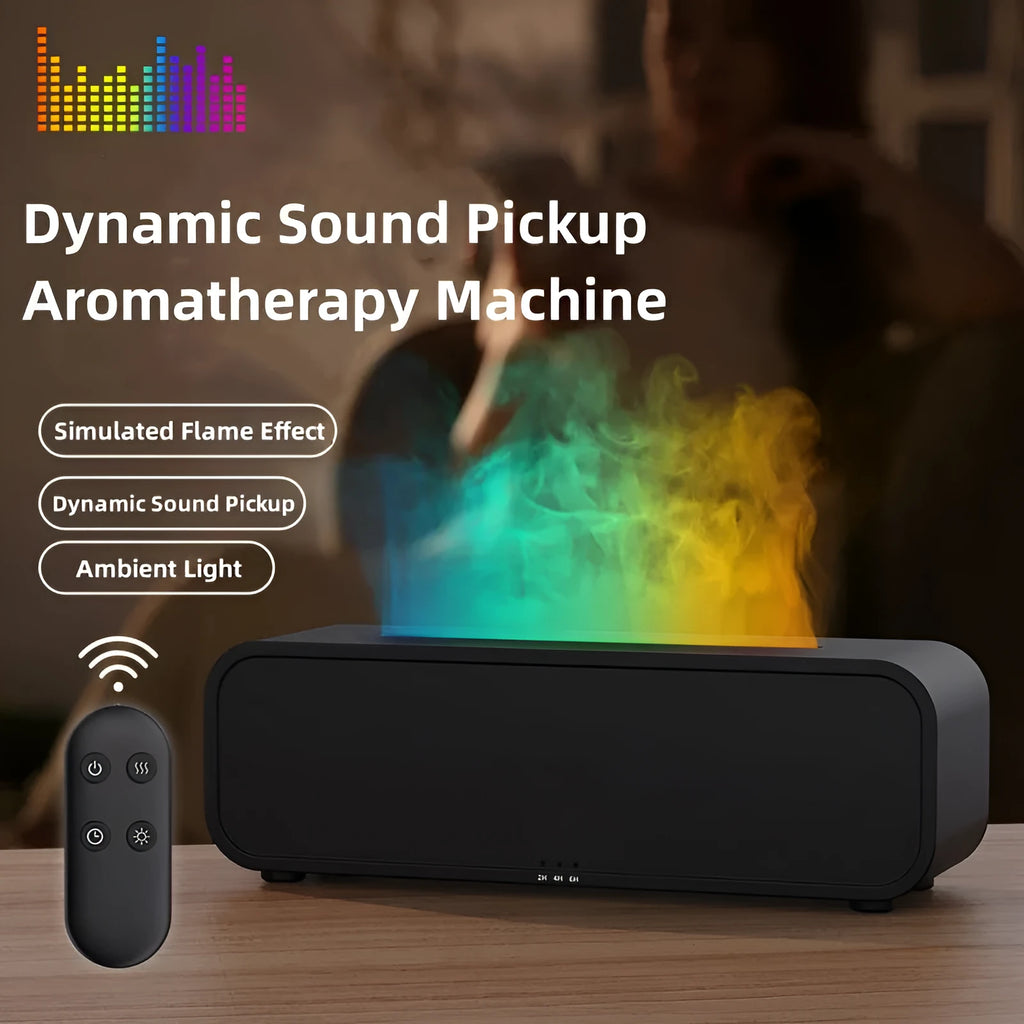 Black and white USB aroma diffuser showing flame dynamic light effect and remote control.