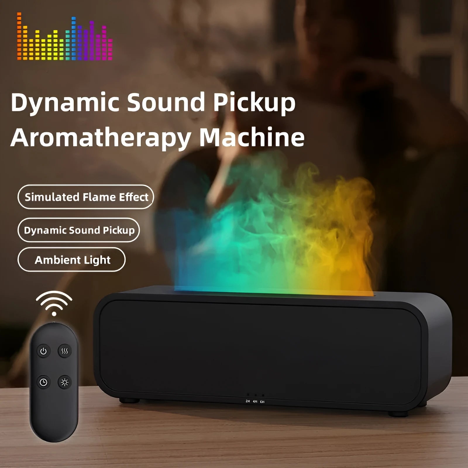 Black and white USB aroma diffuser showing flame dynamic light effect and remote control.