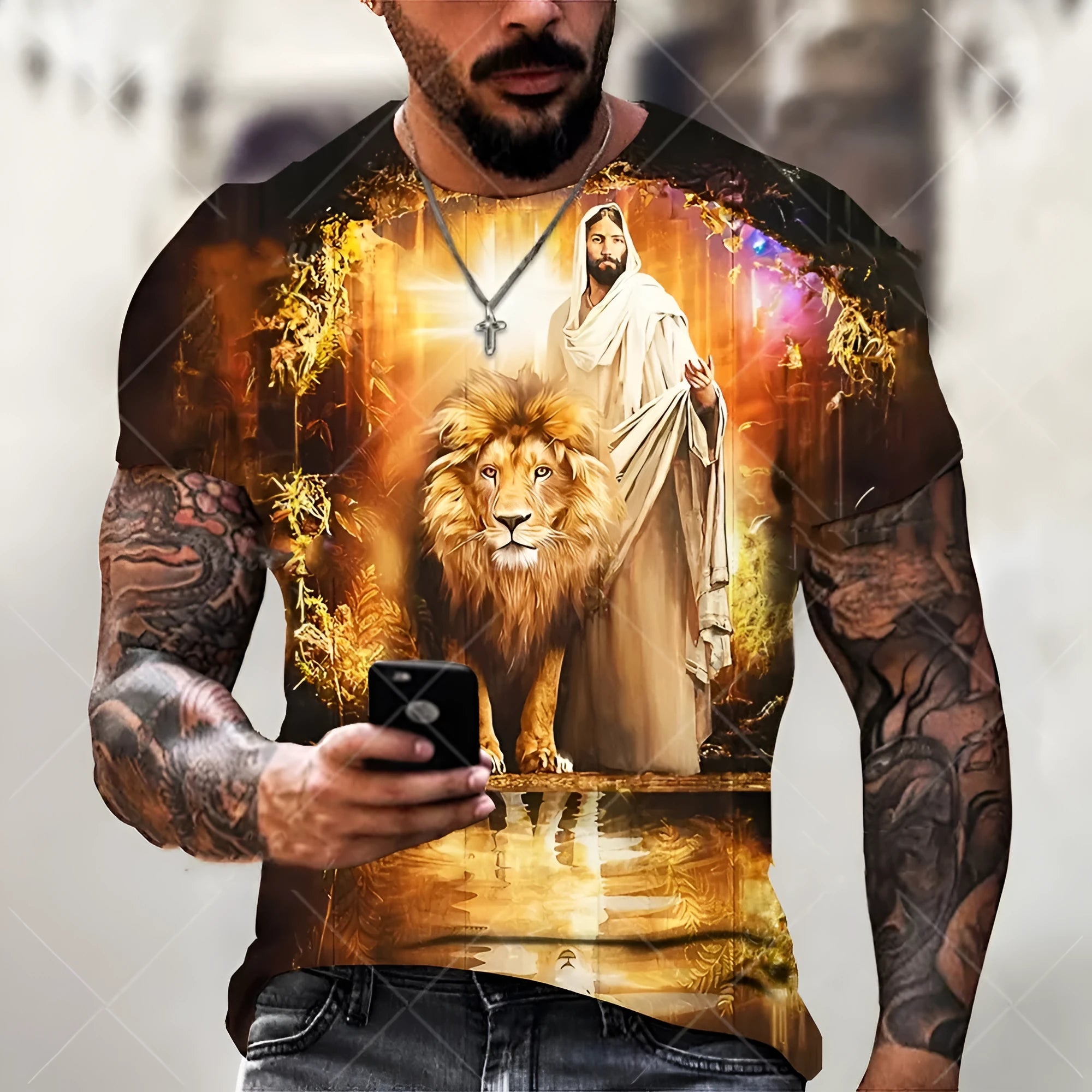 3D printed Jesus pattern men's T-shirt in bird eye cloth polyester with short sleeves