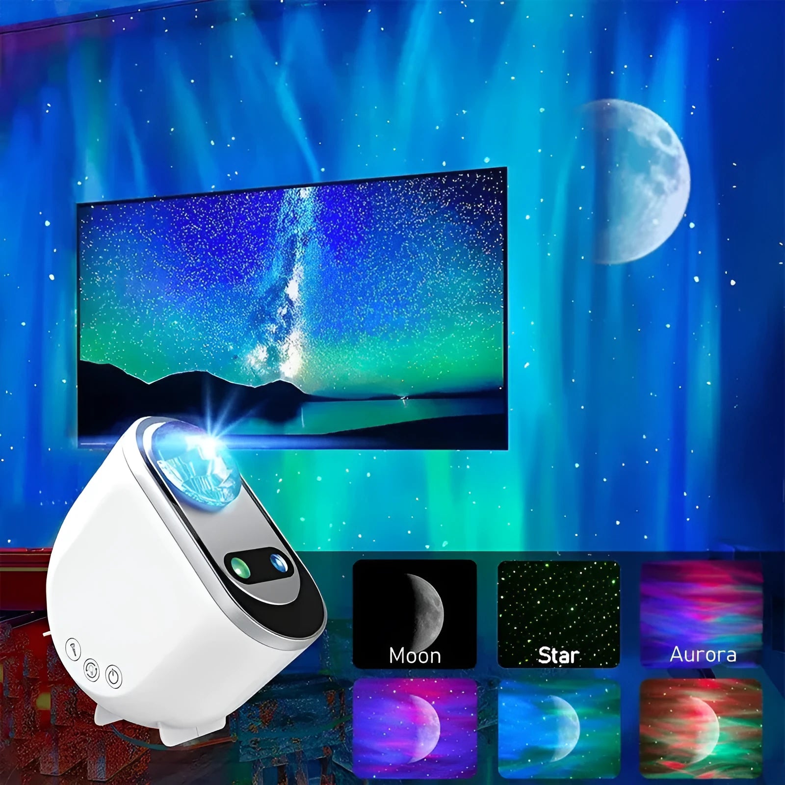 White Aurora Borealis star projector lamp with remote control projecting green stars and Northern Lights on wall