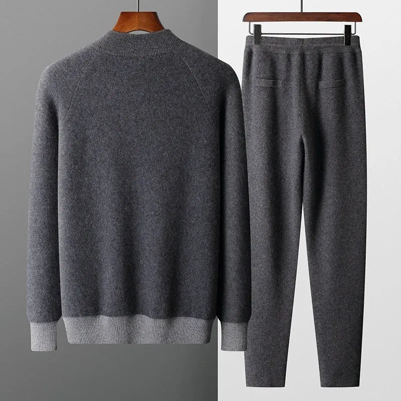 Men's navy blue cashmere blend knitted cardigan suit with half turtleneck zip top and trousers