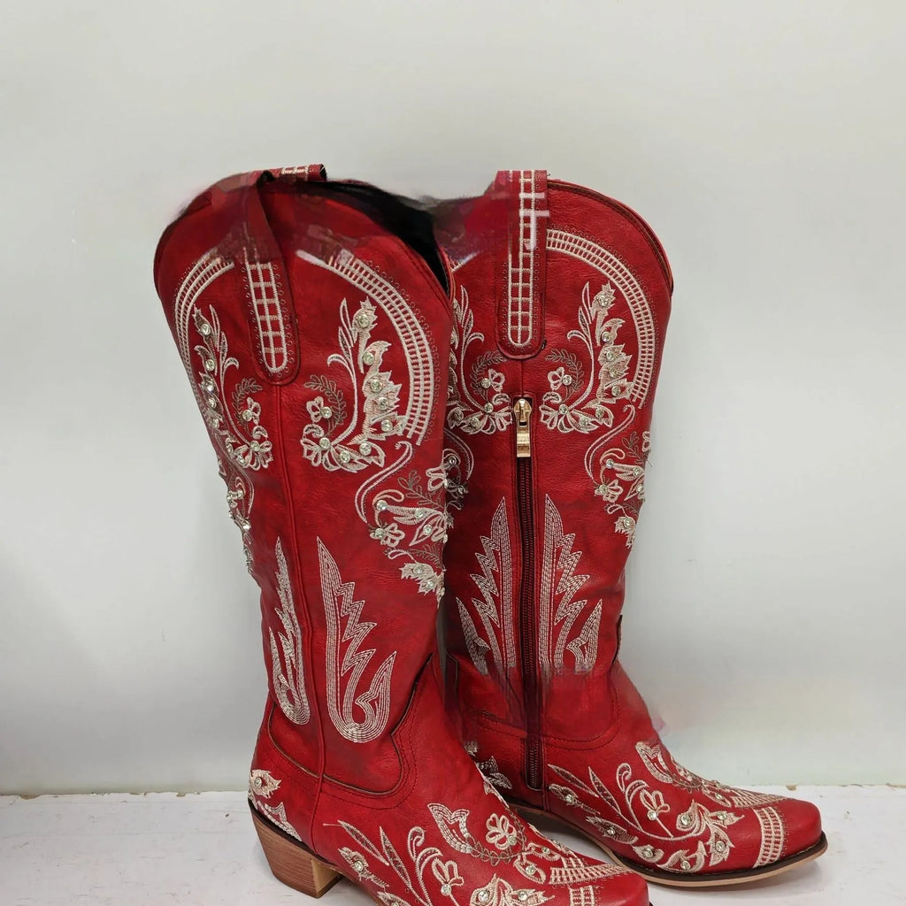 Embroidered rhinestone high-top boots with side zipper and mid heel in beige