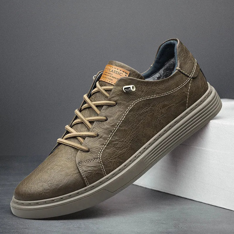 Two-layer cowhide casual sneakers low-top men's shoes round toe front lace-up solid colour khaki