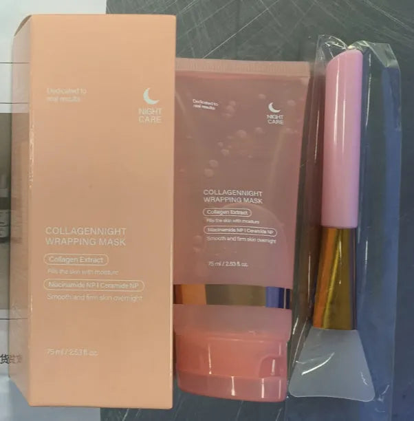 75ml bottle of collagen night mask with applicator brush for skin firming and hydration.