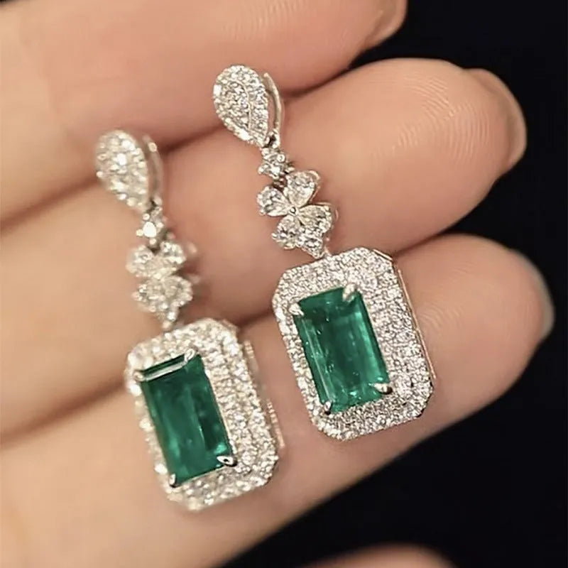 Green square bright zircon drop earrings with flower and geometric design in copper