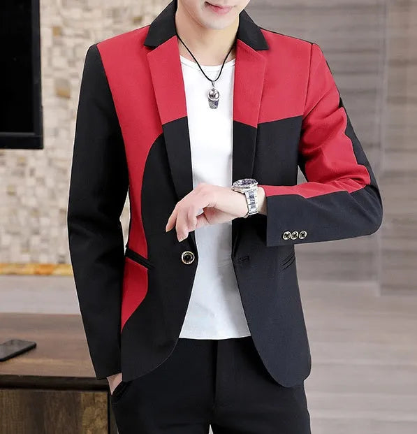 Black and red polyester single-breasted blazer for men, suit coat, full front view