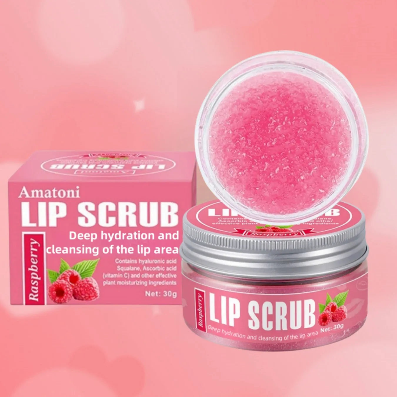 Amatoni Lip Scrub cream in 30g container with coconut raspberry vanilla watermelon flavour options