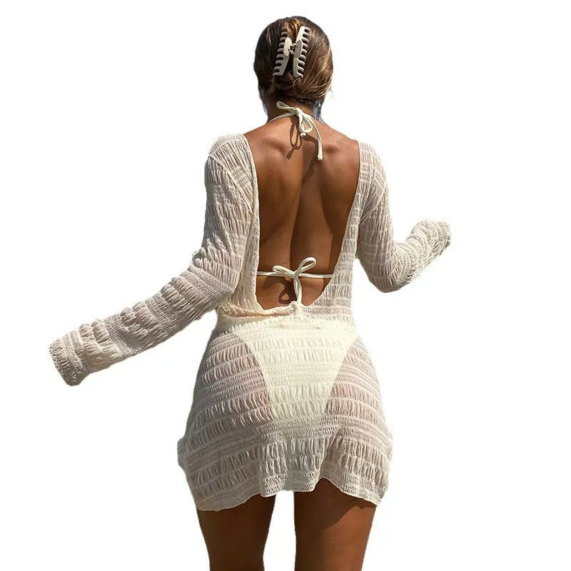 Women's long sleeve halter bikini set three-piece solid colour apricot polyester for swimming