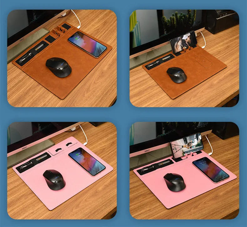 Wireless charging mouse pad with phone holder in black, showing USB cable and 320mm by 260mm size.