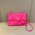 Nylon diagonal cross texture diamond grid handbag in solid colour with chain detail, available in black, green, rose red, and white, 29x19x7 cm