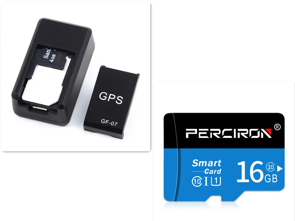 Small black magnetic GPS tracker device next to a micro-USB cable on a table.