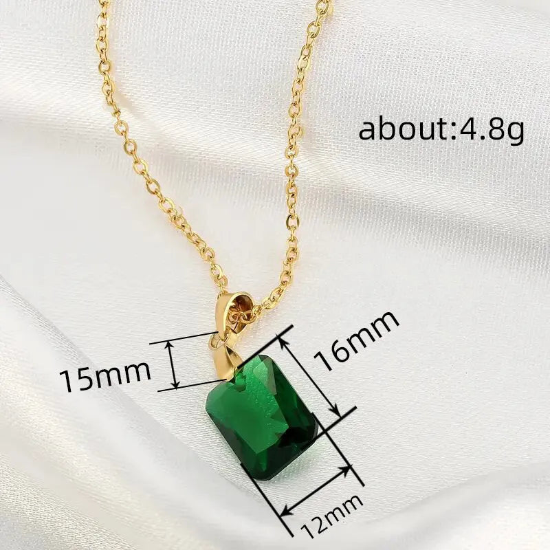 Copper geometric rectangular pendant necklace in XL1006 green on an O-ring chain.