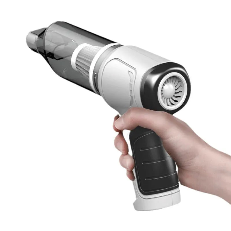 Wireless car vacuum cleaner in gold or silver colour with USB charging port and transparent dust bucket