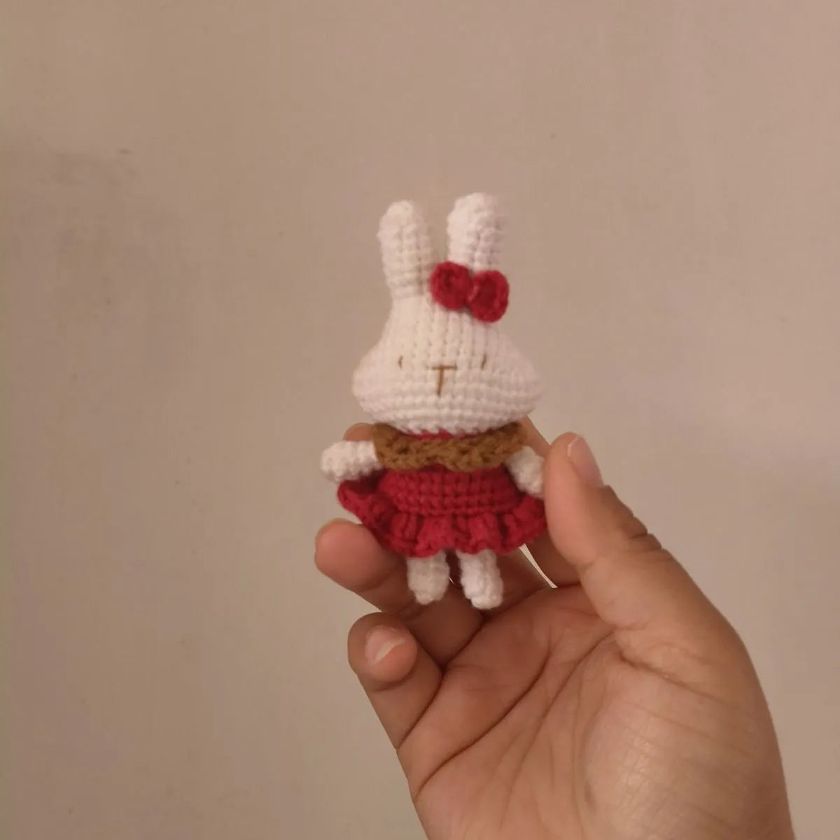 Hand-crocheted wool rabbit key chain pendant with optional key ring attachment