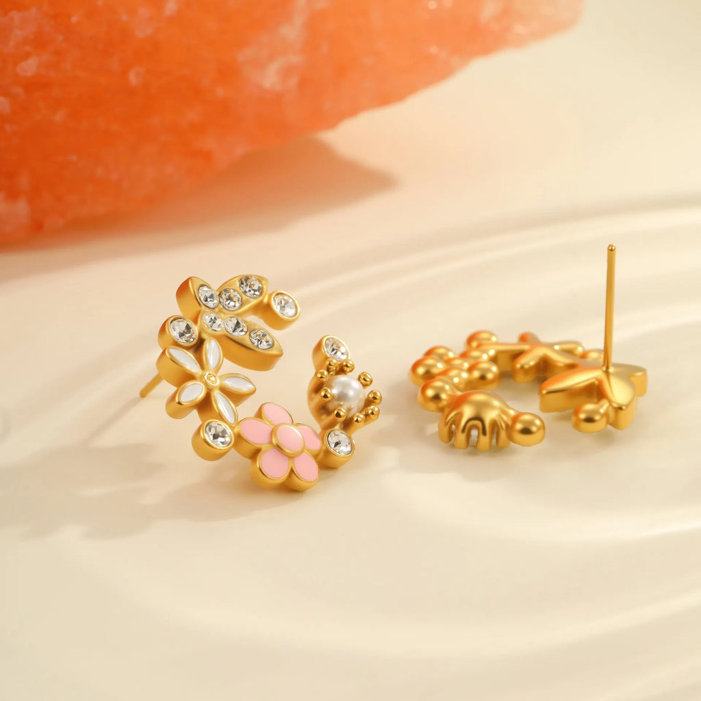 Colourful flower stud earrings with petal design on stainless steel