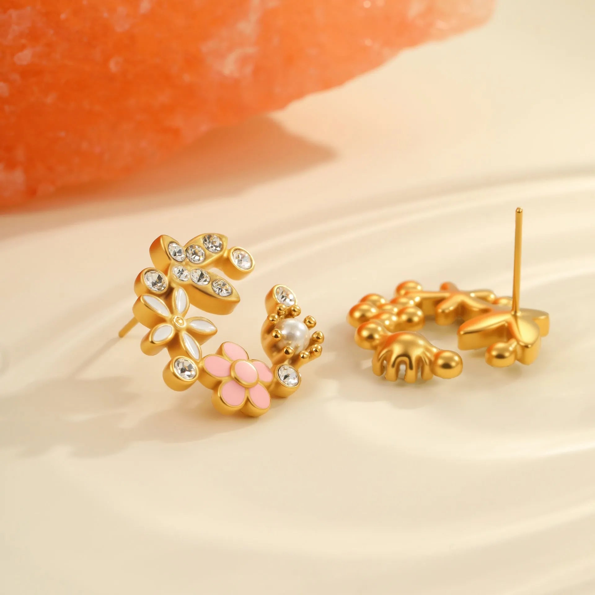 Colourful flower stud earrings with petal design on stainless steel