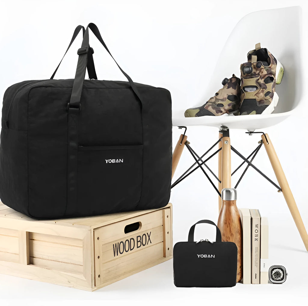 Large polyester travel bag 45x34x20cm with zip pockets, folding design, black or dark grey