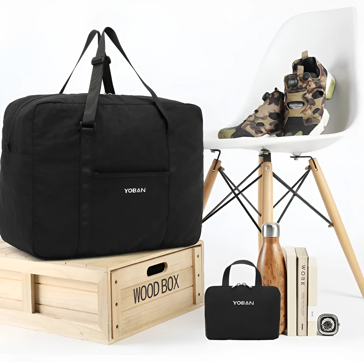 Large polyester travel bag 45x34x20cm with zip pockets, folding design, black or dark grey