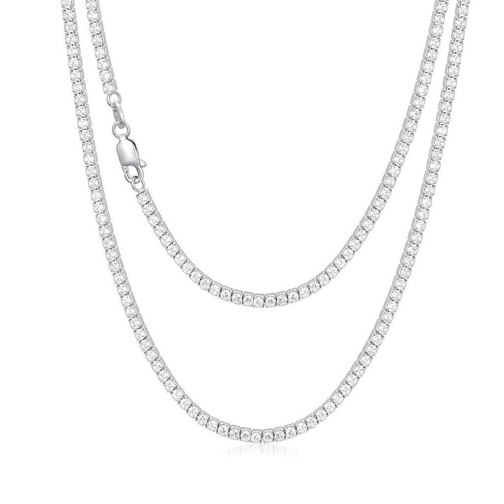 925 sterling silver tennis chain with 4mm cubic zirconia stones, white gold plated, silver colour
